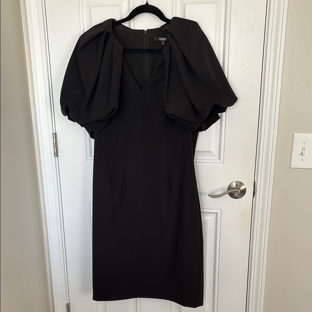 Badgley Mischka Black Puff Pleated Sleeve Sheath Dress.